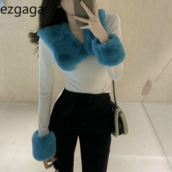 ezgaga knit sweater women winter spring korean fashion with fur collar contrast chic warm outwear elegant pullover slim jumper 210430, White;black
ezgaga knit sweater women winter spring korean fashion with fur collar contrast chic warm outwear elegant pullover slim jumper 210430, White;black