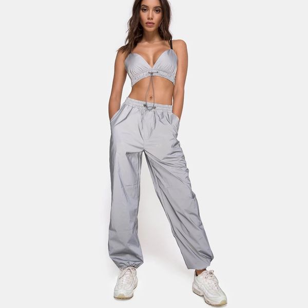 women pants 2 piece reflective tracksuits set luminous drawstring camis shirts high waist long sweatpants baggy loose suits, White
women pants 2 piece reflective tracksuits set luminous drawstring camis shirts high waist long sweatpants baggy loose suits, White