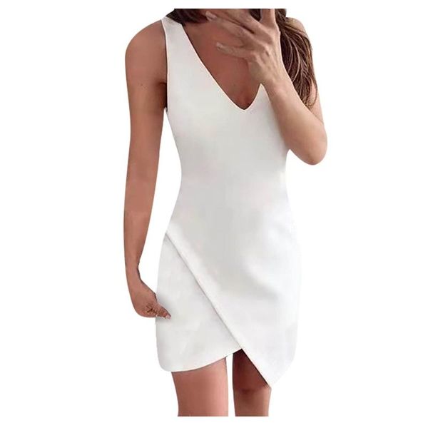 casual dresses irregular white dress for female plus size 2021 summer fashion solid color high waist slim sleeveless v-neck, Black;gray 
casual dresses irregular white dress for female plus size 2021 summer fashion solid color high waist slim sleeveless v-neck, Black;gray