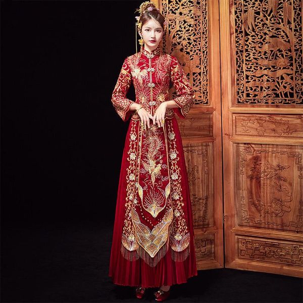 ethnic clothing retro chinese marry pleated skirt cheongsam embroidery tassels bride groom wedding dress, Red
ethnic clothing retro chinese marry pleated skirt cheongsam embroidery tassels bride groom wedding dress, Red
