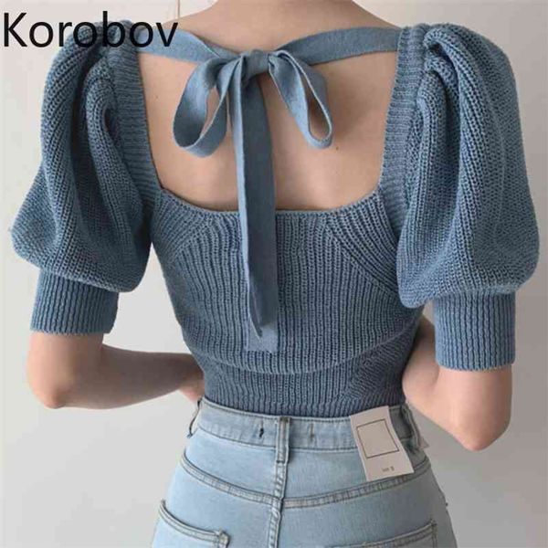 korobov vintage elegant square collar women pullovers korean lacing bow female sweaters casual short sleeve knitted sueter mujer 210430, White;black
korobov vintage elegant square collar women pullovers korean lacing bow female sweaters casual short sleeve knitted sueter mujer 210430, White;black