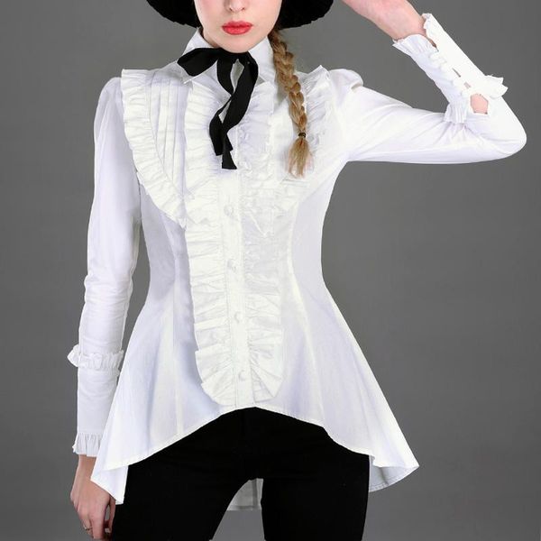 women's blouses & shirts spring vintage gothic lolita women ruffled long sleeve victorian shirt ladies swallowtail cotton blouse vestid, White
women's blouses & shirts spring vintage gothic lolita women ruffled long sleeve victorian shirt ladies swallowtail cotton blouse vestid, White