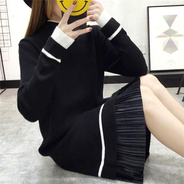 women's sweaters small fresh female skirt hedging mid-length long knee sweater student pleated stitching knitted dress loose, White;black
women's sweaters small fresh female skirt hedging mid-length long knee sweater student pleated stitching knitted dress loose, White;black