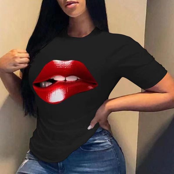 women's t-shirt 2021 summer printed ladies large size red lips short sleeve top, White