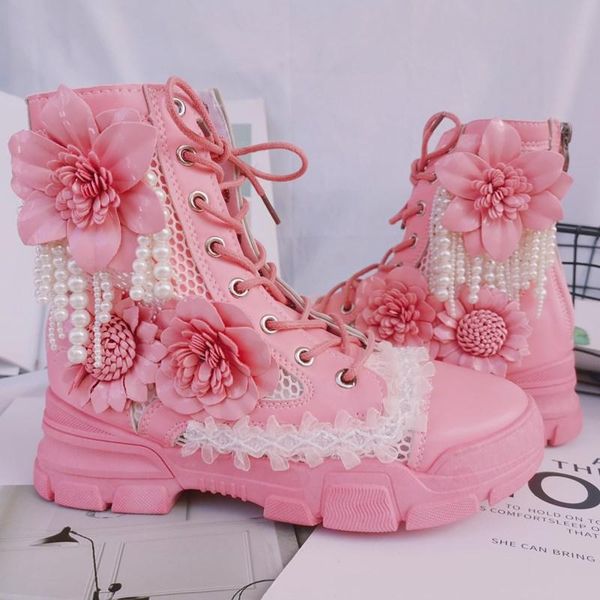 boots womens mesh breathable 3d flowers pearls tassels lace ankle sandals shoes round toe lolita pink arrival, Black