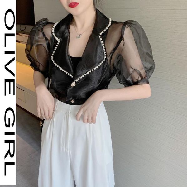 women's blouses & shirts summer women puff short sleeved loose black see through office lady vintage beading suit collar organza, White
women's blouses & shirts summer women puff short sleeved loose black see through office lady vintage beading suit collar organza, White