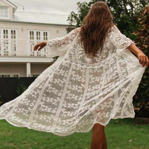 women's swimwear women bikini cover up solid color long sleeve cardigan floral lace embroidery loose smock summer beach, White;black
women's swimwear women bikini cover up solid color long sleeve cardigan floral lace embroidery loose smock summer beach, White;black
