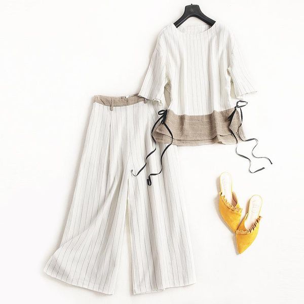 women's tracksuits summer two piece set striped cotton linen round collar t-shirt and wide leg pant loose fashion 2021 2 women, Gray
women's tracksuits summer two piece set striped cotton linen round collar t-shirt and wide leg pant loose fashion 2021 2 women, Gray