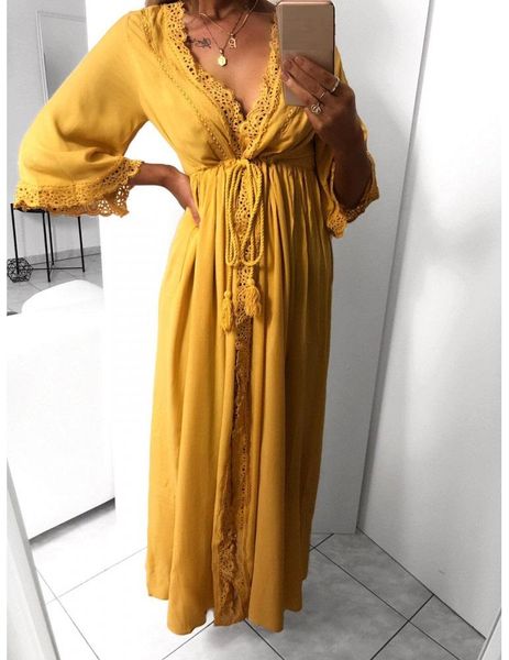 casual dresses summer women 3/4 sleeve lace patchwork loose maxi dress black yellow white green chiffon 2021, Black;gray
casual dresses summer women 3/4 sleeve lace patchwork loose maxi dress black yellow white green chiffon 2021, Black;gray