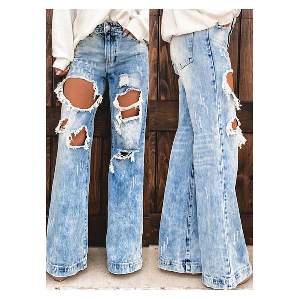 women's ripped loose jeans vintage bell bottomed pants fashion summer hole slimming casual washed women trousers, Blue
women's ripped loose jeans vintage bell bottomed pants fashion summer hole slimming casual washed women trousers, Blue