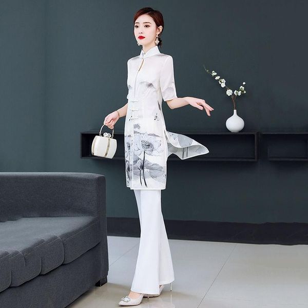 women's two piece pants national style improved cheongsam jacket spring/summer 2021 leisure trousers retro printed two-piece women., White
women's two piece pants national style improved cheongsam jacket spring/summer 2021 leisure trousers retro printed two-piece women., White