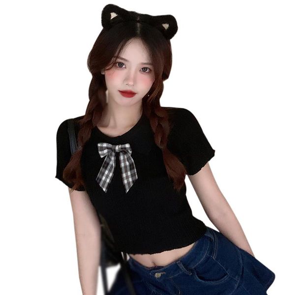 women's t-shirt vertical stripe short knitwear bow lapel slim sleeve korean style tee shirt, White
women's t-shirt vertical stripe short knitwear bow lapel slim sleeve korean style tee shirt, White