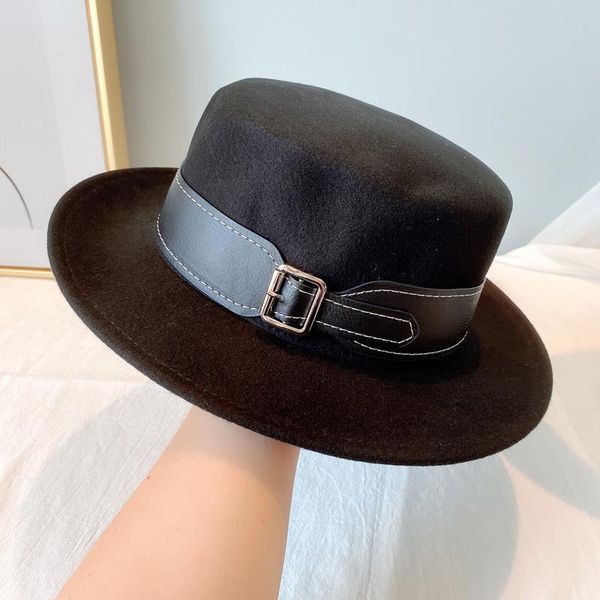 berets classic solid color felt fedoras hat belt for women blend jazz cap wide brim simple flat top, Blue;gray
berets classic solid color felt fedoras hat belt for women blend jazz cap wide brim simple flat top, Blue;gray