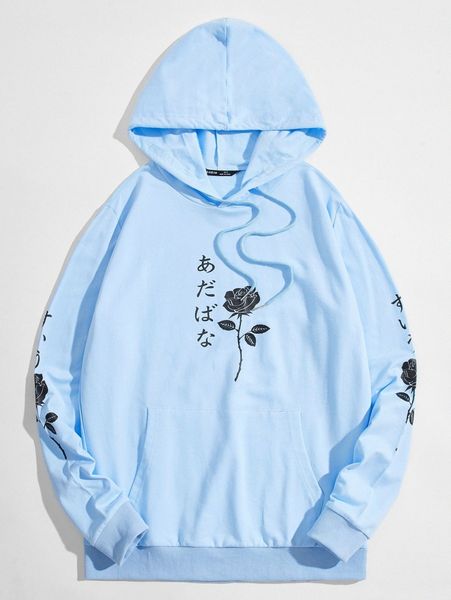 men japanese and floral print pocket front hoodie v1mt#, Black 
men japanese and floral print pocket front hoodie v1mt#, Black
