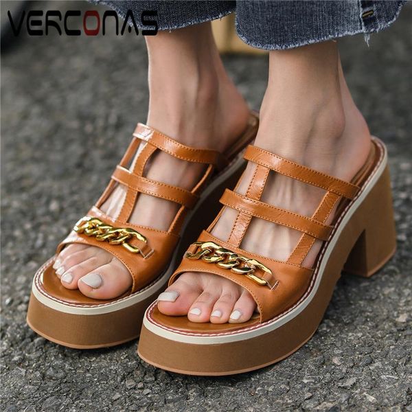 sandals verconas retro casual women hollow genuine leather slippers metal chain pumps summer platforms thick heels shoes woman, Black 
sandals verconas retro casual women hollow genuine leather slippers metal chain pumps summer platforms thick heels shoes woman, Black