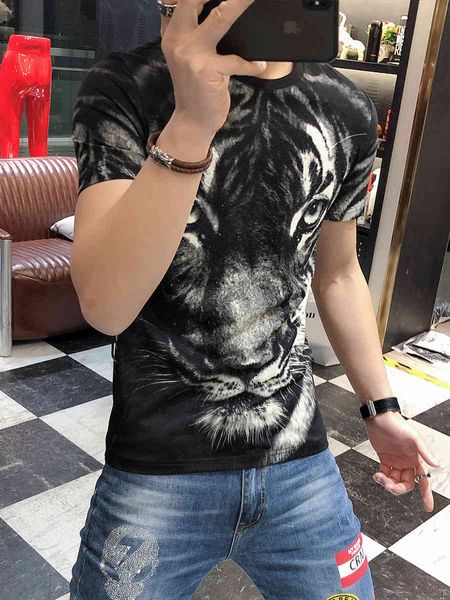 tee 2021 summer short man-shirt tiger head puncture thin mercerized cotton printed sleeve trend, White;black
tee 2021 summer short man-shirt tiger head puncture thin mercerized cotton printed sleeve trend, White;black