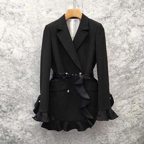 women's suits & blazers womens blazer black patchwork ruffle suit notched long sleeve high waist with sashes female 2021 autumn fashion, White;black 
women's suits & blazers womens blazer black patchwork ruffle suit notched long sleeve high waist with sashes female 2021 autumn fashion, White;black
