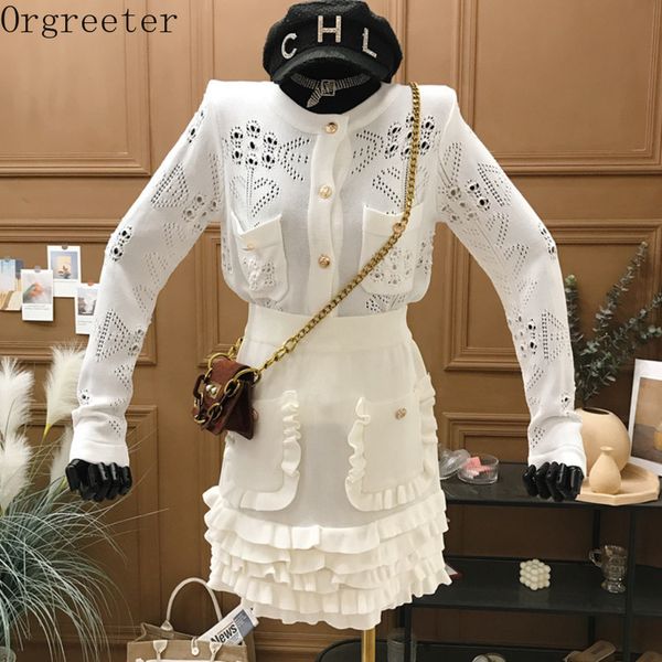 spring simple all matching knitted 2 piece set women single-breasted hollow out cardigan + sweet ruffled mini skirt suits 210525, White
spring simple all matching knitted 2 piece set women single-breasted hollow out cardigan + sweet ruffled mini skirt suits 210525, White