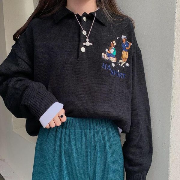 women's sweaters vintage cartoon embroidered sweater women loose lapel three-button college style fashion letter, White;black
women's sweaters vintage cartoon embroidered sweater women loose lapel three-button college style fashion letter, White;black