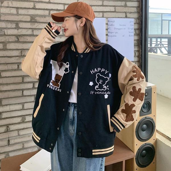 women's jackets vintage bear embroidery baseball uniform women single breasted splice loose 2021 korean style streetwear casual coats, Black;brown
women's jackets vintage bear embroidery baseball uniform women single breasted splice loose 2021 korean style streetwear casual coats, Black;brown