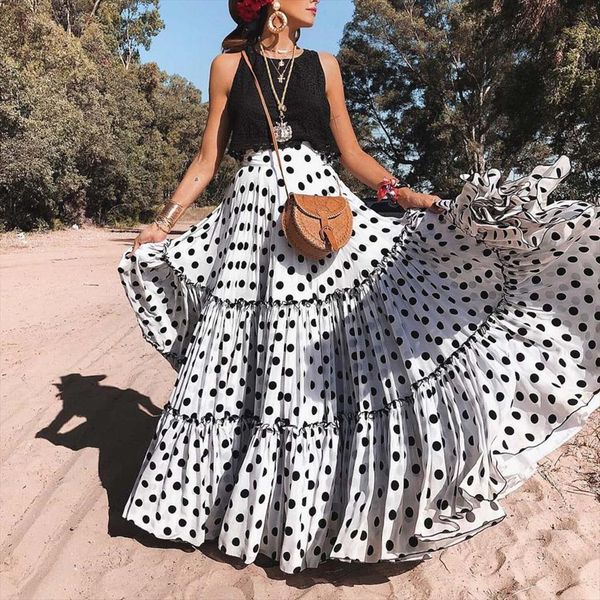 high waist polka dot printed womens skirt long loose a line ruffled pleated maxi evening party jupe femme, Black
high waist polka dot printed womens skirt long loose a line ruffled pleated maxi evening party jupe femme, Black