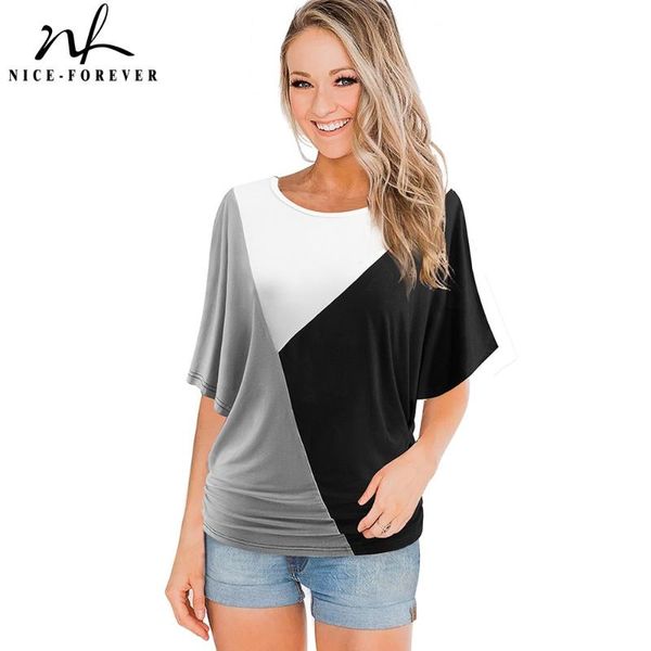 women's t-shirt nice-forever summer women fashion contrast color patchwork t-shirts casual oversized tees t013, White
women's t-shirt nice-forever summer women fashion contrast color patchwork t-shirts casual oversized tees t013, White