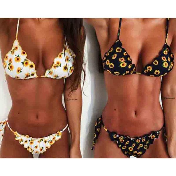 women's swimwear floral printing bikini set halter lace-up tie side string padded wireless bathing suit, White;black
women's swimwear floral printing bikini set halter lace-up tie side string padded wireless bathing suit, White;black