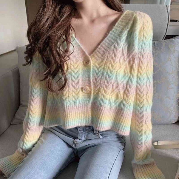 knits crop rainbow oversized sweater v-neck single breasted cardigan striped short knitted coat, White
knits crop rainbow oversized sweater v-neck single breasted cardigan striped short knitted coat, White