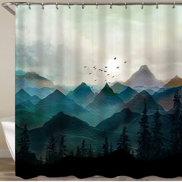 shower curtain set with 12 hooks,landscape painting,decorative bath curtain modern bathroom accessories,machine washable,72" x
