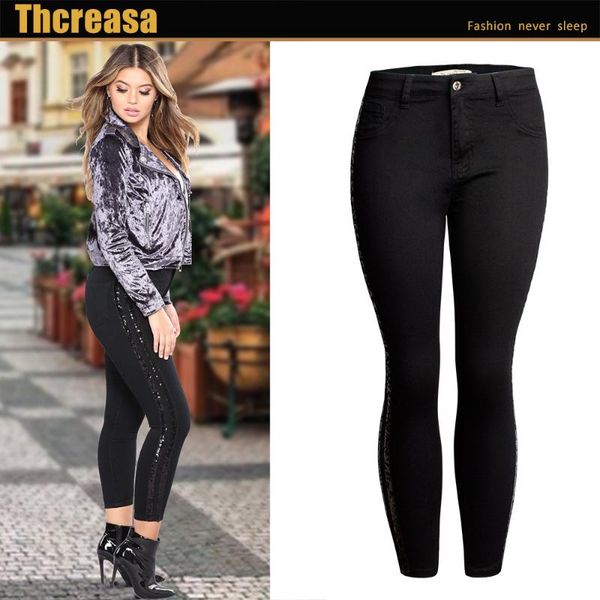 and european women's wear wish quick selling crotch with side sequins, slim fitting elastic bead jeans pencil pants, Blue
and european women's wear wish quick selling crotch with side sequins, slim fitting elastic bead jeans pencil pants, Blue