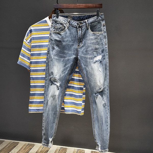 men's jeans denim trendy hong kong style korean 2021 spring and autumn summer thin ripped holes ankle length pants for men, Blue
men's jeans denim trendy hong kong style korean 2021 spring and autumn summer thin ripped holes ankle length pants for men, Blue