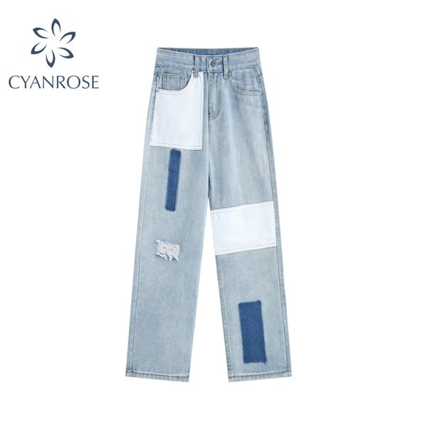 streetwear patchwork straight jeans pants women's trendy casual denim ripped summer boyfriend high waist trousers 210430, Blue 
streetwear patchwork straight jeans pants women's trendy casual denim ripped summer boyfriend high waist trousers 210430, Blue