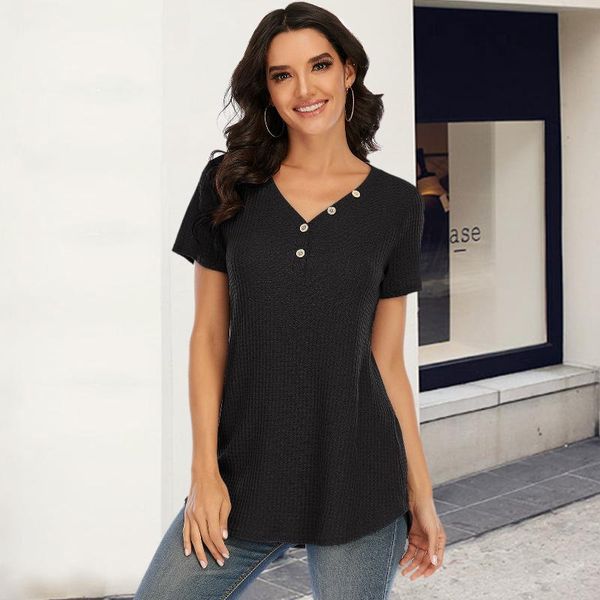 women summer t-shirt waffle with buttons solid v-neck short sleeve tee pullover 2021 new fashion female casual t-shirts, White
women summer t-shirt waffle with buttons solid v-neck short sleeve tee pullover 2021 new fashion female casual t-shirts, White