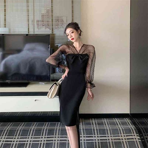 women's dress spring and autumn v-neck bow mesh patchwork slim fit was thin bag hip dress full split women ml619 210506, Black;gray
women's dress spring and autumn v-neck bow mesh patchwork slim fit was thin bag hip dress full split women ml619 210506, Black;gray