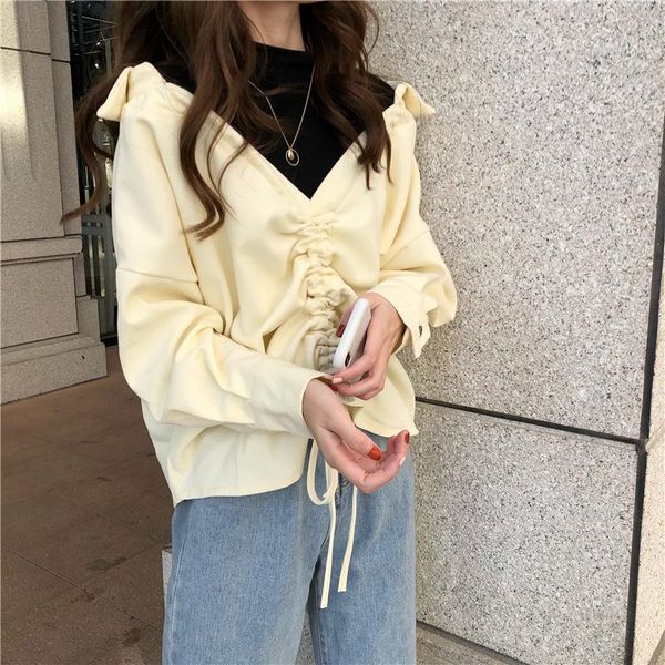 design drawstring fake two piece long-sleeved shirt wild style fashionable women blouse loose thick college women's blouses, White
design drawstring fake two piece long-sleeved shirt wild style fashionable women blouse loose thick college women's blouses, White