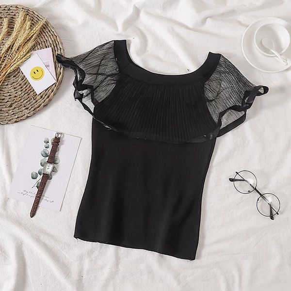 women's t-shirt girl summer mesh shoulders women thin lace knit ruffle round o neck t shirts, White
women's t-shirt girl summer mesh shoulders women thin lace knit ruffle round o neck t shirts, White