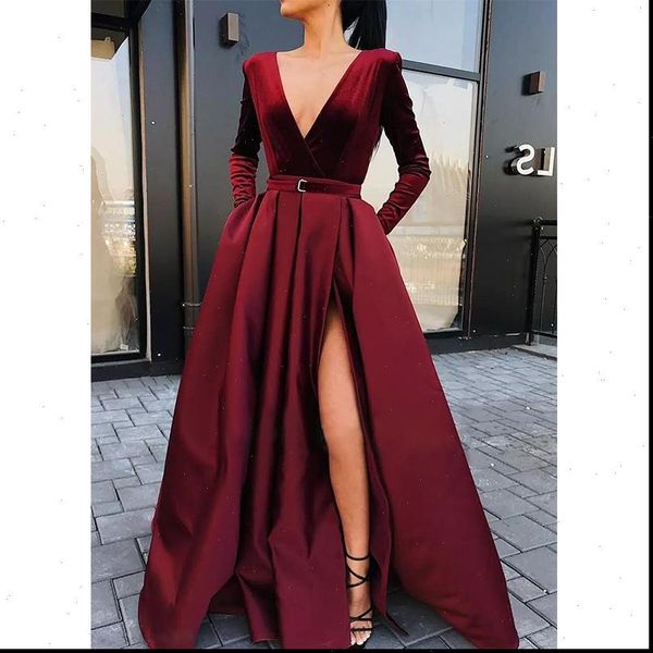 long gown elegant party women dresses a line deep v neck slit full length evening club maxi high waist, Black;gray 
long gown elegant party women dresses a line deep v neck slit full length evening club maxi high waist, Black;gray