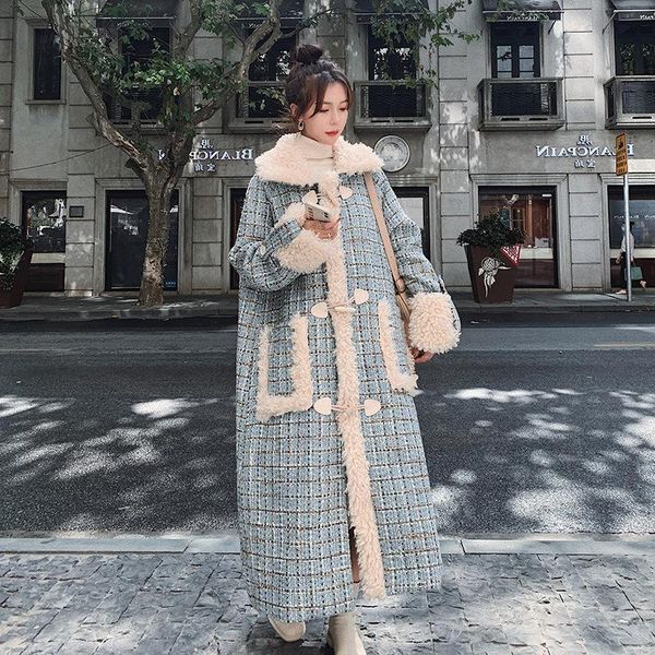 women's wool & blends winter korean real s horn buckle plaid lamb woolen coat female loose x-long over knee chic warm -20 jacket, Black
women's wool & blends winter korean real s horn buckle plaid lamb woolen coat female loose x-long over knee chic warm -20 jacket, Black