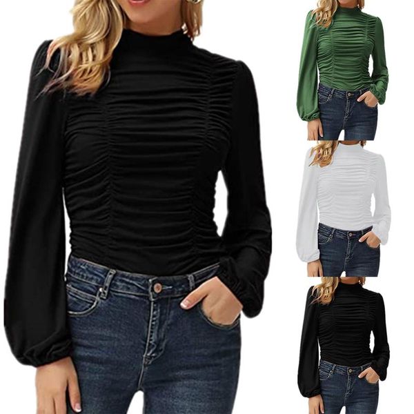 women's blouses & shirts women blouse slim-fit solid color half high-neck pleated long lantern sleeve lady pullover for office, White
women's blouses & shirts women blouse slim-fit solid color half high-neck pleated long lantern sleeve lady pullover for office, White