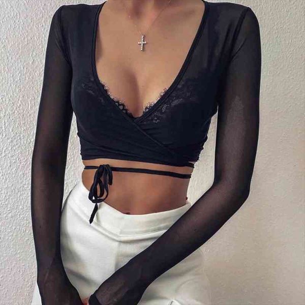 lace mesh women blouses long sleeve transparent cropped fall summer clothes v-neck tie-up slim blouse streetwear, White
lace mesh women blouses long sleeve transparent cropped fall summer clothes v-neck tie-up slim blouse streetwear, White