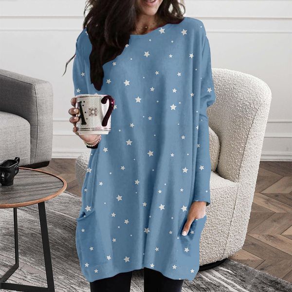 spring and autumn small five-pointed star printed pattern long pocket t-shirt female elements round neck loose comfortable homewear, Black;gray
spring and autumn small five-pointed star printed pattern long pocket t-shirt female elements round neck loose comfortable homewear, Black;gray