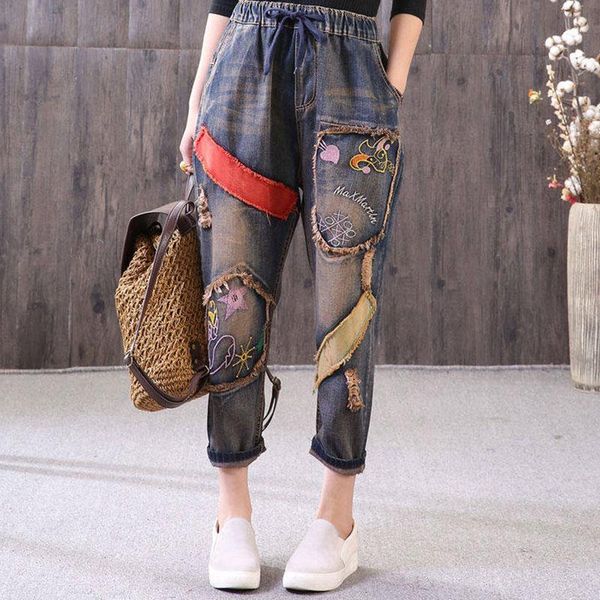 spring fashion women vintage embroidery jeans elastic waist loose hole denim harem pants ladies patched d113 women's, Blue
spring fashion women vintage embroidery jeans elastic waist loose hole denim harem pants ladies patched d113 women's, Blue