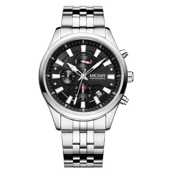 

wristwatches megir brand 2021 men's chronograph analog quartz watch with date luminous hands waterproof steel strap wristswatch for man, Slivery;brown
