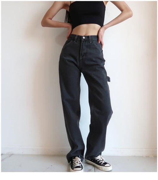 women's jeans 2021 woman high waist retro white black trousers straight overalls pants long loose wide leg for women, Blue
women's jeans 2021 woman high waist retro white black trousers straight overalls pants long loose wide leg for women, Blue