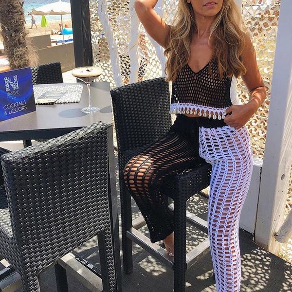 women's swimwear summer 2021 crochet bikini cover up knitted long beach pants camisoles shell crop wear see through wide leg, White;black
women's swimwear summer 2021 crochet bikini cover up knitted long beach pants camisoles shell crop wear see through wide leg, White;black
