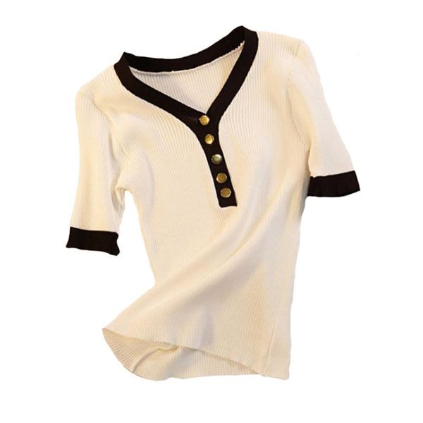 women's t-shirt summer women t-shirts short-sleeved knitted v-neck button-decorated slim solid color  ladies, White 
women's t-shirt summer women t-shirts short-sleeved knitted v-neck button-decorated slim solid color  ladies, White