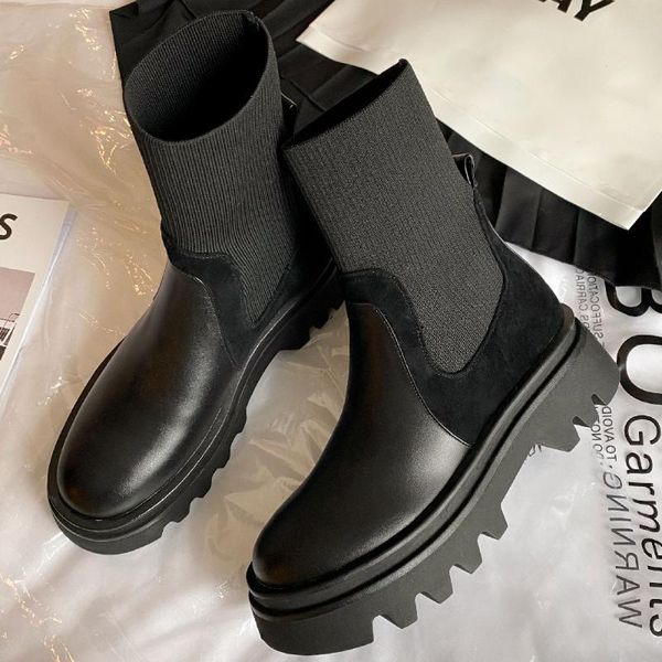 boots women's genuine leather stretch knit patchwork slip-on flats autumn ankle round toe tick sole platform short booties, Black
boots women's genuine leather stretch knit patchwork slip-on flats autumn ankle round toe tick sole platform short booties, Black