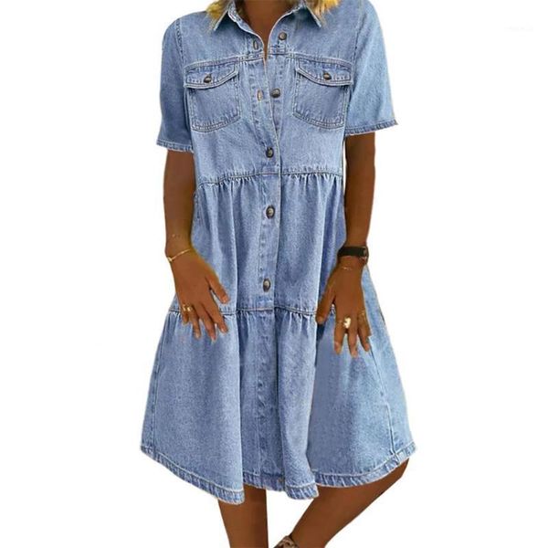 women single-breasted denim dress short sleeve turn down collar pockets a line 2021 summer casual dresses, Black;gray
women single-breasted denim dress short sleeve turn down collar pockets a line 2021 summer casual dresses, Black;gray