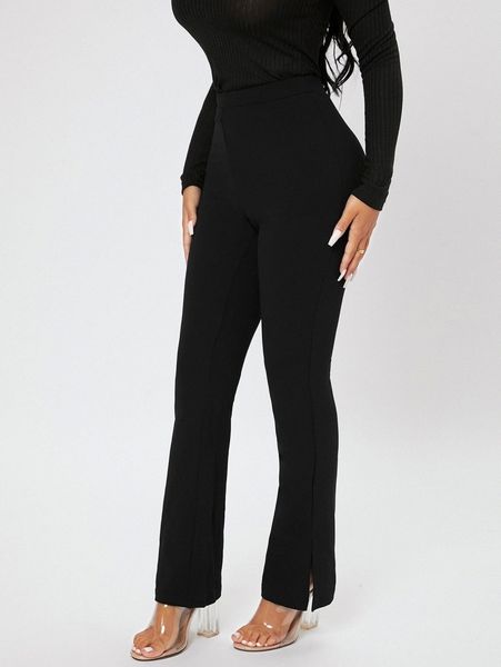 petite split hem flare leg pants z2hc#, Black;white