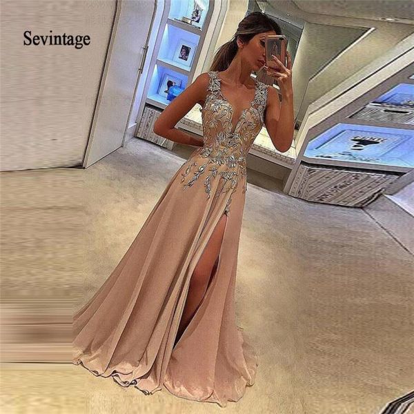 party dresses sevintage slit front chiffon long prom deep v-neck lace appliques evening dress custom made vestidos de gala, White;black 
party dresses sevintage slit front chiffon long prom deep v-neck lace appliques evening dress custom made vestidos de gala, White;black
